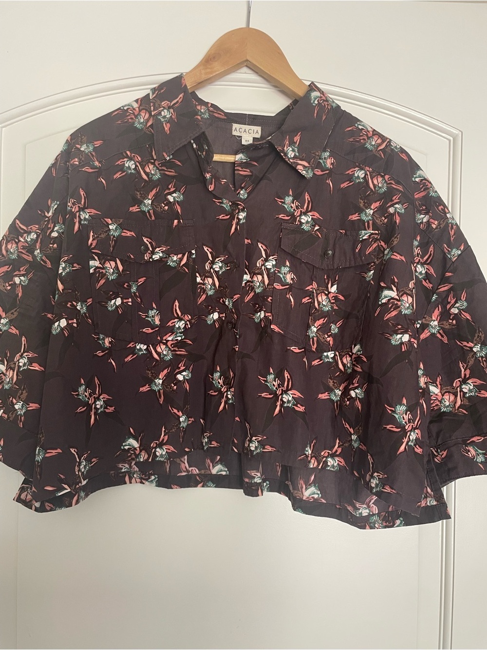 ACACIA Maroon Floral Collared Button-Up 3/4 Sleeve Organic Cotton Crop Top S
